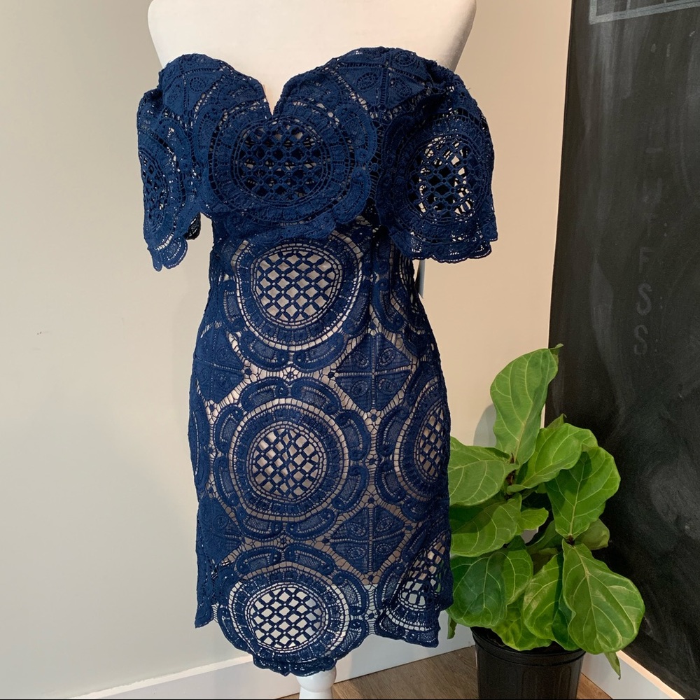 Lulu’s Blue Lace Off-the-Shoulder Dress